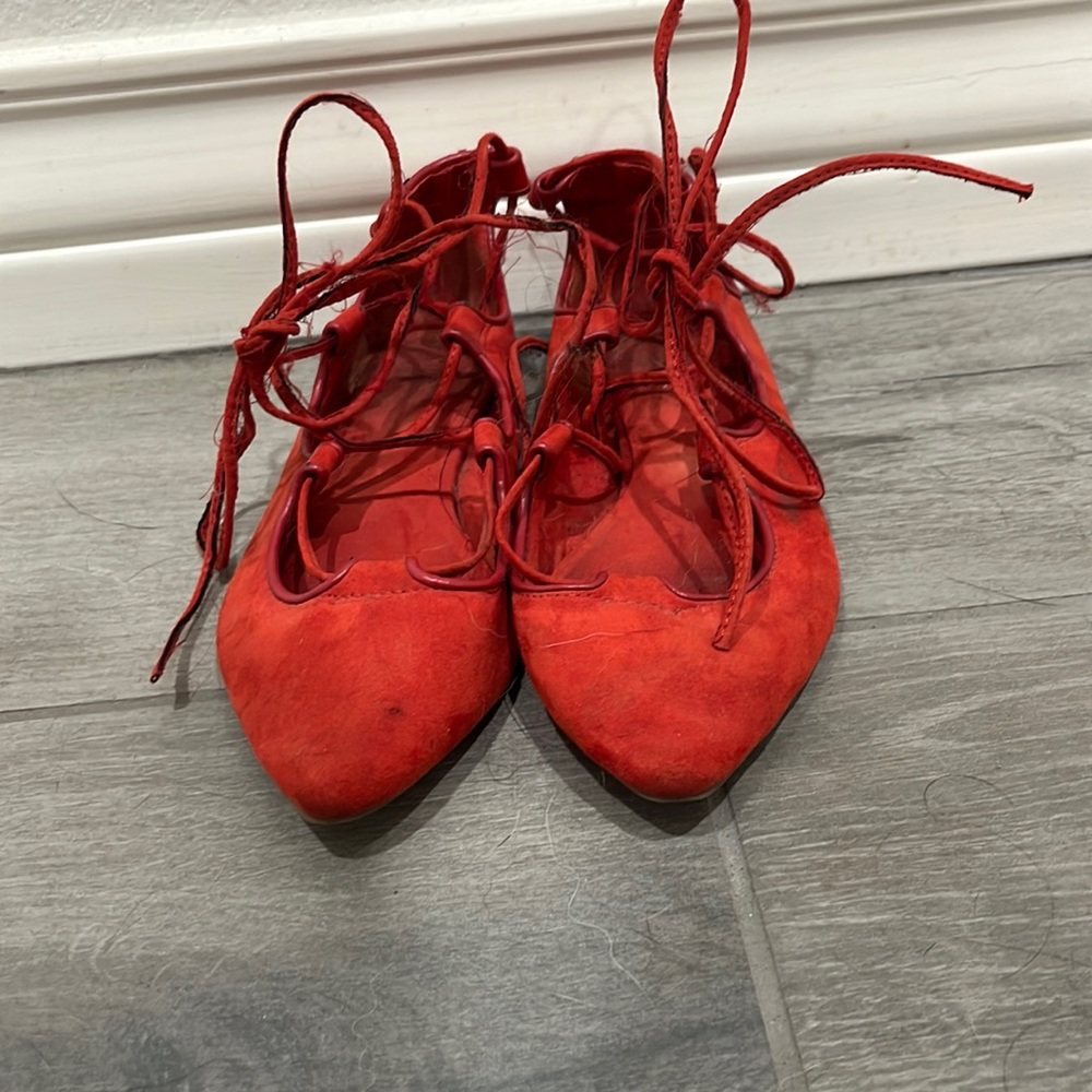 Red tie up ballet flats